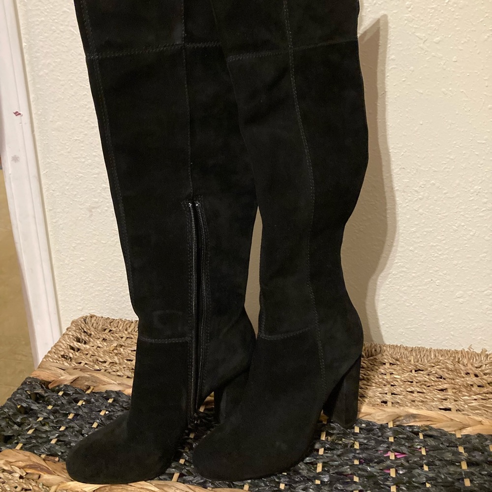 Black thigh high suede boots